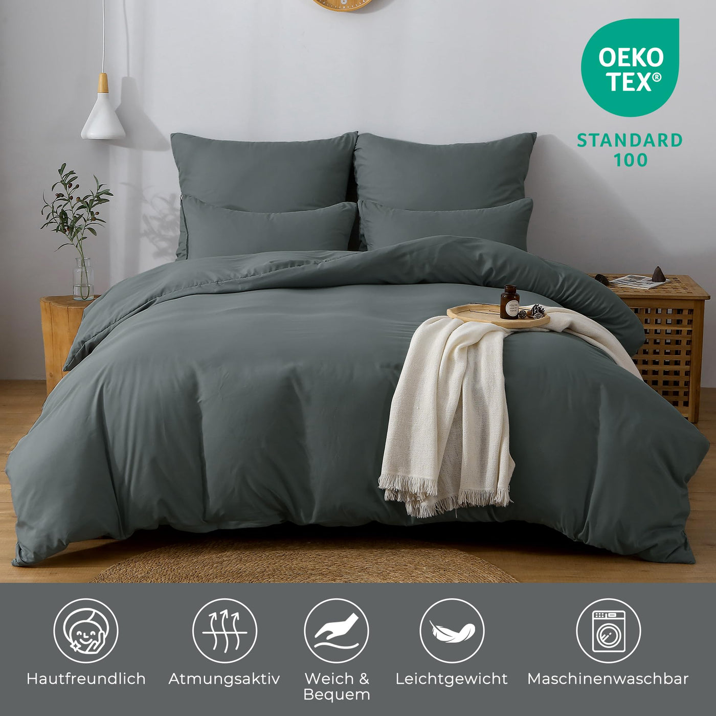 TOCOMOA Bettwäsche 155x220 2teilig Anthrazit, Bettwäsche-Sets Mikrofaser ÖKO-TEX Zertifiziert, Bettbezug und Kissenbezug 80x80cm mit Reißverschluss Weich und Bügelfrei
