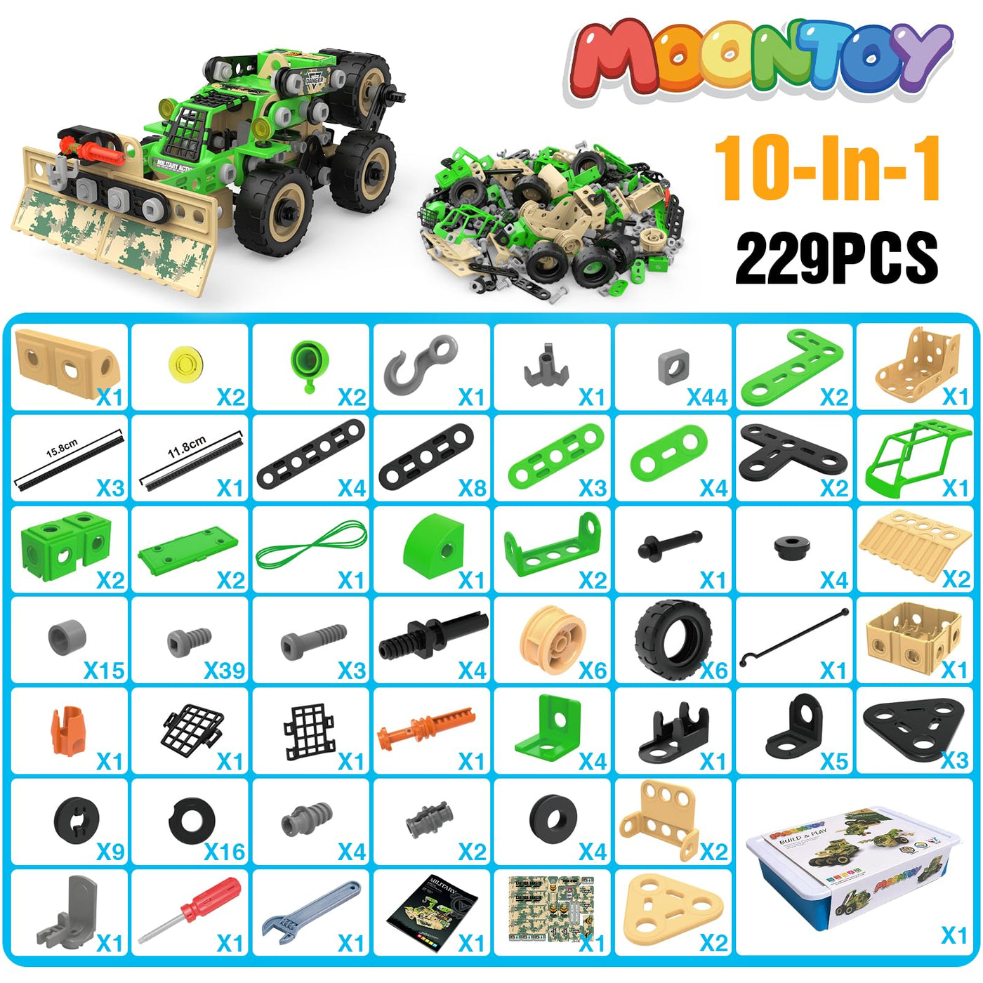 MOONTOY Konstruktionsspielzeug Spielzeug ab 5 6 7 8 Jahre Kinder Jungen, Mint Lernspielzeug 10-in-1 STEM Baukasten Spielzeug Kreative Bausteine Kreativ-Set Geschenk für Kinder ab 5 Jahre（229Stück）