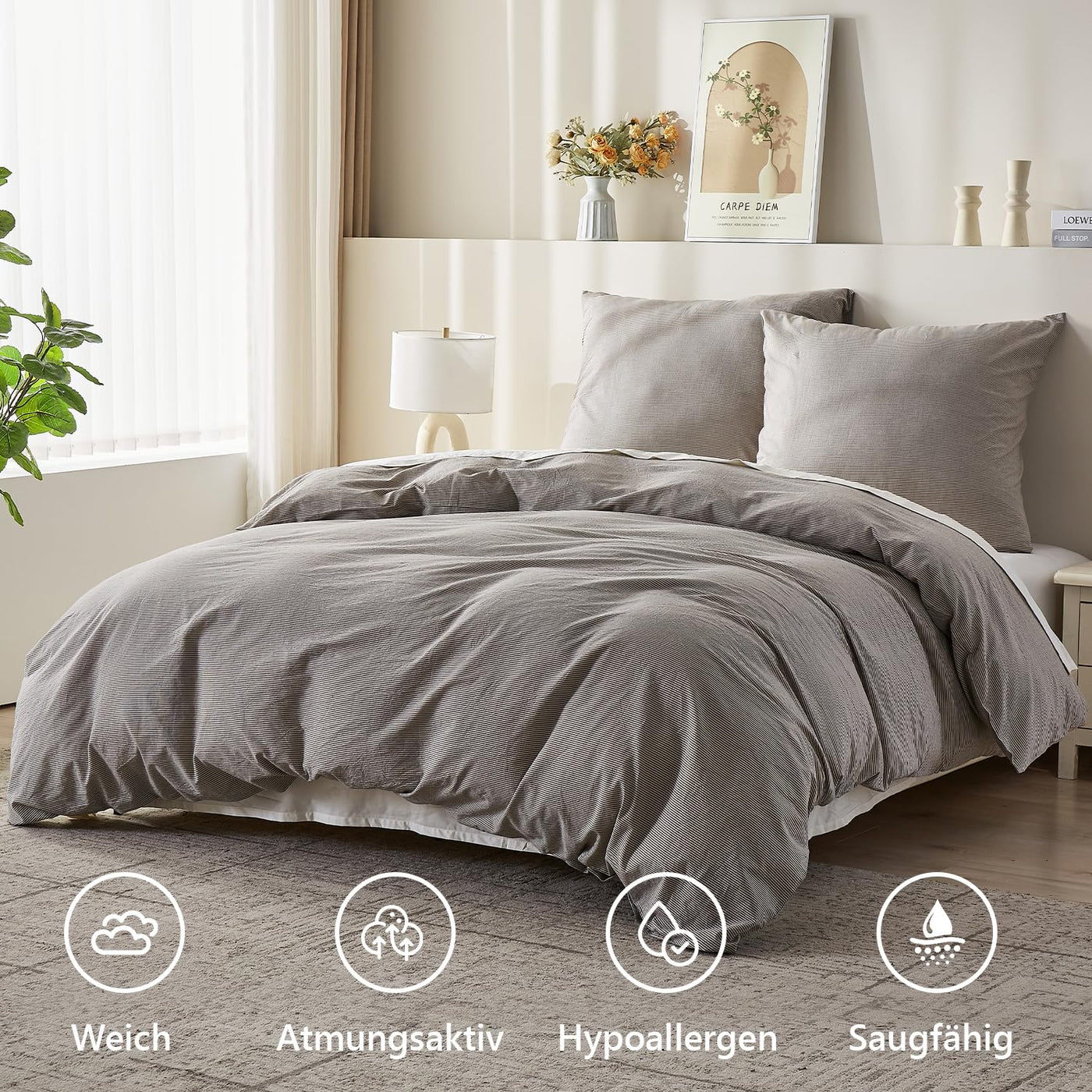 Simple&Opulence Bettwäsche 135x200 Baumwolle Gestreift Muster, 100% Gewaschene Baumwolle Bettbezug Set, Weich, hypoallergen, Enthält 1 Bettbezug 135x200 cm + 1 Kissenbezug 80x80 cm, Dunkelgrau-beige