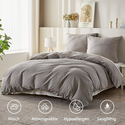 Simple&Opulence Bettwäsche 135x200 Baumwolle Gestreift Muster, 100% Gewaschene Baumwolle Bettbezug Set, Weich, hypoallergen, Enthält 1 Bettbezug 135x200 cm + 1 Kissenbezug 80x80 cm, Dunkelgrau-beige