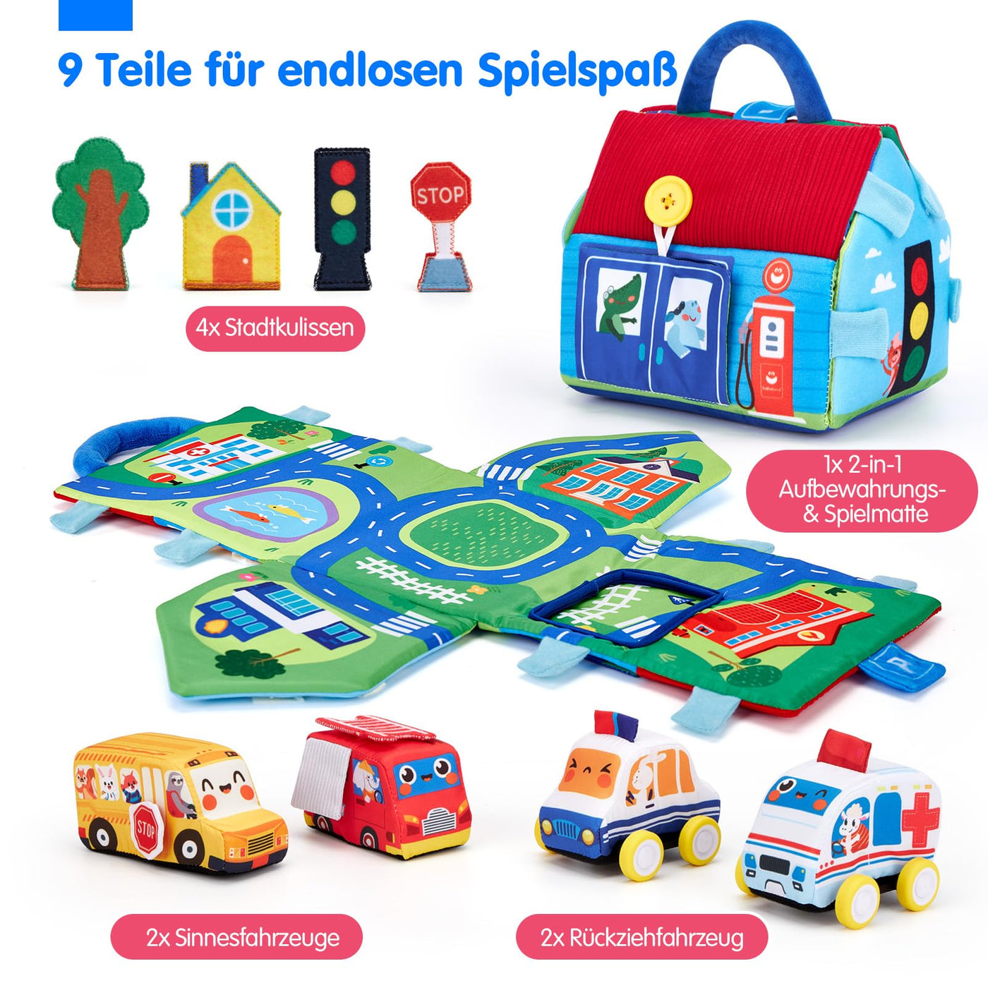 Hahaland Baby Spielzeug 6 12 Monate,4 Stück Spielzeugautos Set, Plüsch Pull-Back & Go Autospielzeug mit Spielmatten,Montessori Auto Spielzeug für 1 2 3 Jahr Jungen Mädchen,Geschenk für Kinder