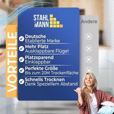 STAHLMANN ® Wäscheständer ausziehbar [20M Trockenfläche ] - Wäscheständer XXL [Made IN EU] - Wäscheständer schwarz mit Klemmen für kleine Wäschestücke - Wäscheständer platzsparend