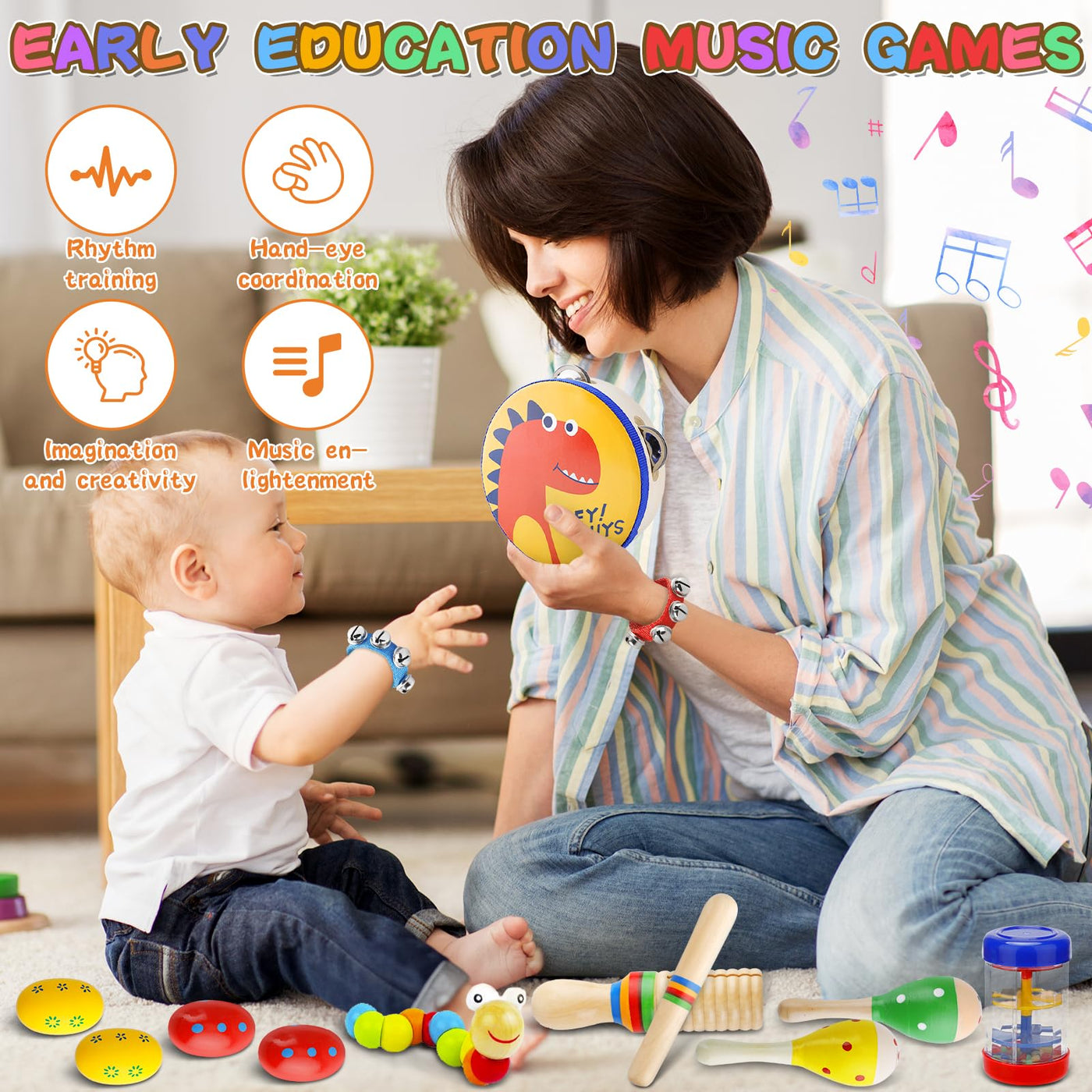 MZJAUVF 33Stück Musikinstrumente für Kinder, Musikinstrumente Musical Instruments Set, Holz Percussion Set, Xylophone für Kinders, Percussion Instrumente Kinders, Montessori Spielzeug ab 1 2 3 Jahre