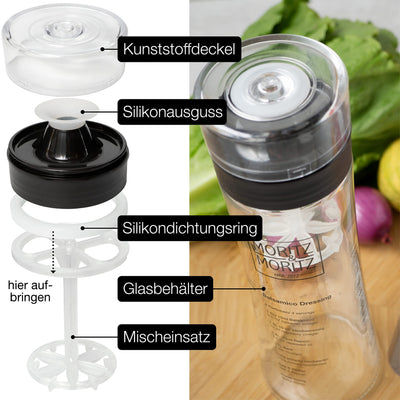 Moritz & Moritz 2-tlg. Set: Dressingshaker 500 ml - Salatdressing Shaker Glas mit Skala und 3 Rezepten in Deutsch und Englisch