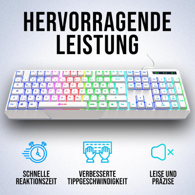 KLIM Chroma Gaming Tastatur QWERTZ DEUTSCH mit Kabel USB + Langlebig, Ergonomisch, Wasserdicht, Leise Tasten + RGB Gamer Tastatur für PC Mac Xbox One X PS4 Tastatur Weiß
