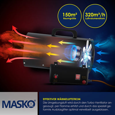 Masko® Gasheizgebläse Gasheizer Heizkanone Gasheizstrahler 15 KW Bauheizer Gas Heizgerät heizstrahler Heißluftgenerator inkl. Gasschlauch & Druckminderer Heizgebläse für handelsübliche Gasflaschen