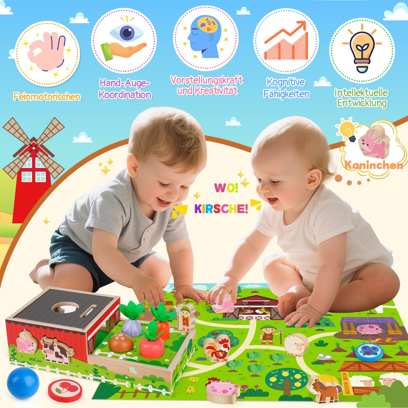 Montessori Spielzeug ab 1 2 Jahr: Geschenk Junge Mädchen 1-2 Jahre Kinderspielzeug Motorikwürfel Holzspielzeug Farmspiel mit Karte Karotten Steckspiel Lernspiel Kleinkinder ab 12 Monate Activity Spiel