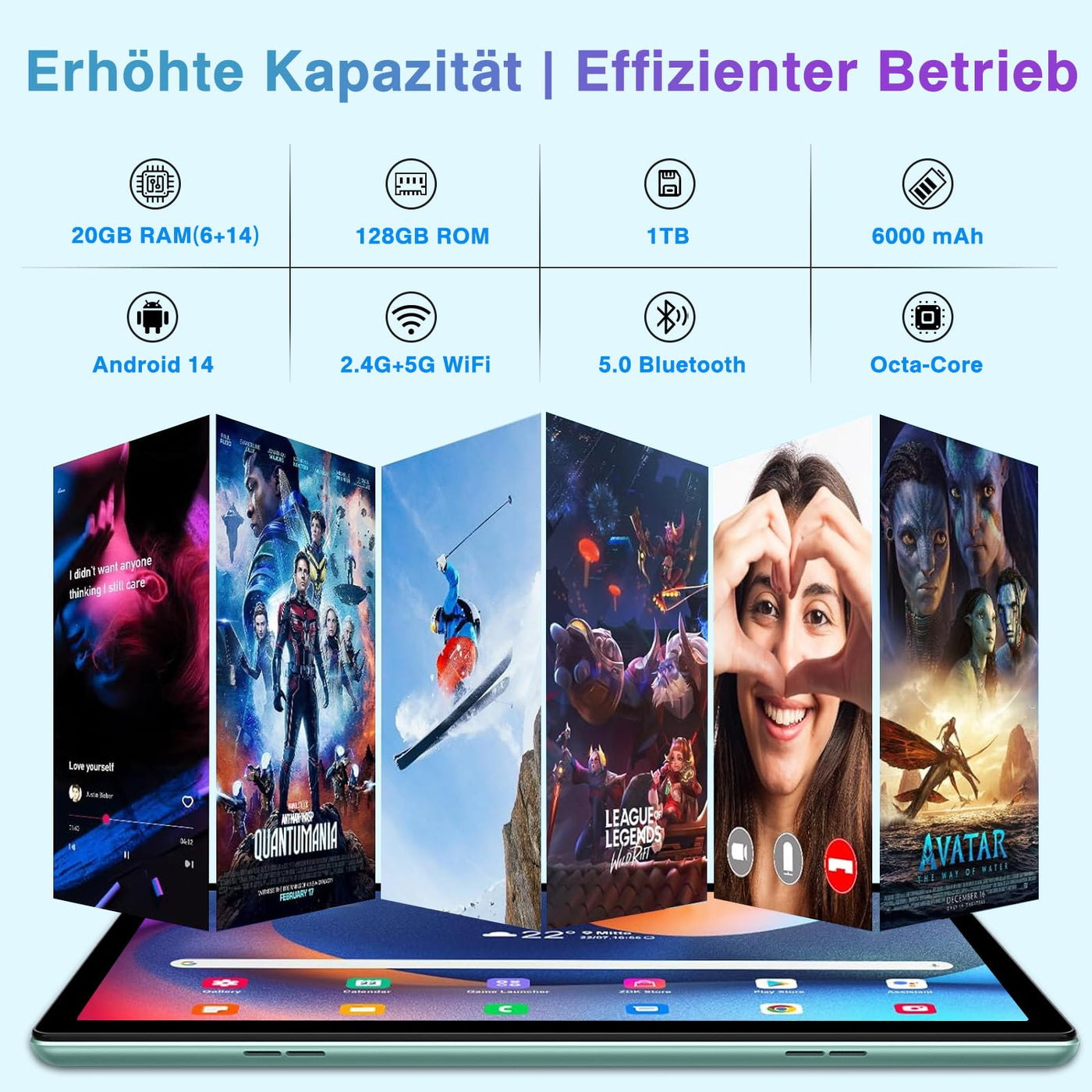 fezawio Android 14 Tablet 10 Zoll 20GB RAM+128GB ROM, Octa-Core WiFi 6, 6000mAh, (1TB TF) Tablet mit Tastatur und Maus-(grün)