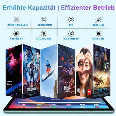 fezawio Android 14 Tablet 10 Zoll 20GB RAM+128GB ROM, Octa-Core WiFi 6, 6000mAh, (1TB TF) Tablet mit Tastatur und Maus-(grün)