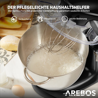 Arebos Küchenmaschine 1500W mit 6L Edelstahl-Rührschüssel | Rot | inkl. Rührhaken, Knethaken, Schneebesen | Spritzschutz | 6 Geschwindigkeiten | Knetmaschine | Teigmaschine