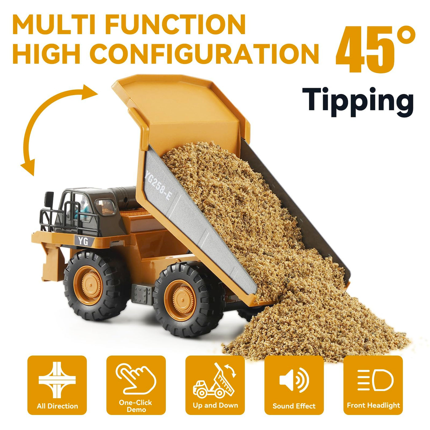 KIZJORYA Ferngesteuerter Muldenkipper, Ferngesteuertes Baufahrzeug für Kinder mit 9-Kanal-Metallbett-Lichtton, Transport-LKW-Spielzeug, Geschenk für Jungen Mädchen von 4–12