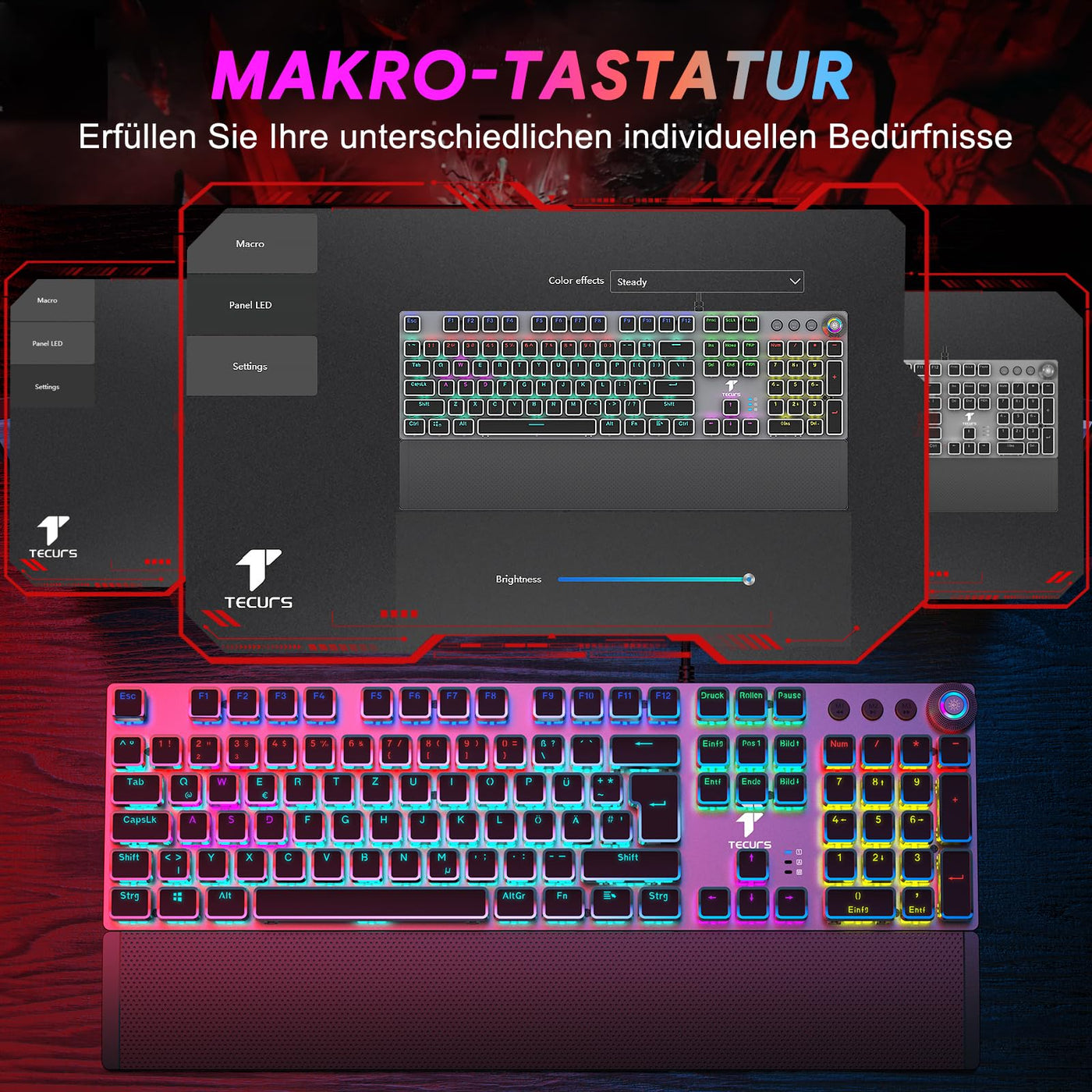 TECURS Mechanische Gaming Tastatur - QWERTZ Mechanical Keyboard mit Magnetische Handgelenkauflage, Multimedia-Tasten, 105 Tasten Kabelgebundene Rote Schalter Tastatur für PC/PS5/PS4, 19 LED Modi