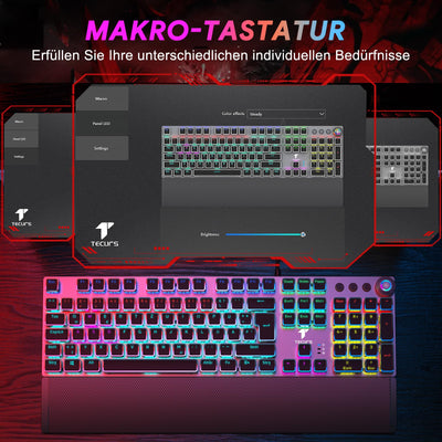 TECURS Mechanische Gaming Tastatur - QWERTZ Mechanical Keyboard mit Magnetische Handgelenkauflage, Multimedia-Tasten, 105 Tasten Kabelgebundene Rote Schalter Tastatur für PC/PS5/PS4, 19 LED Modi