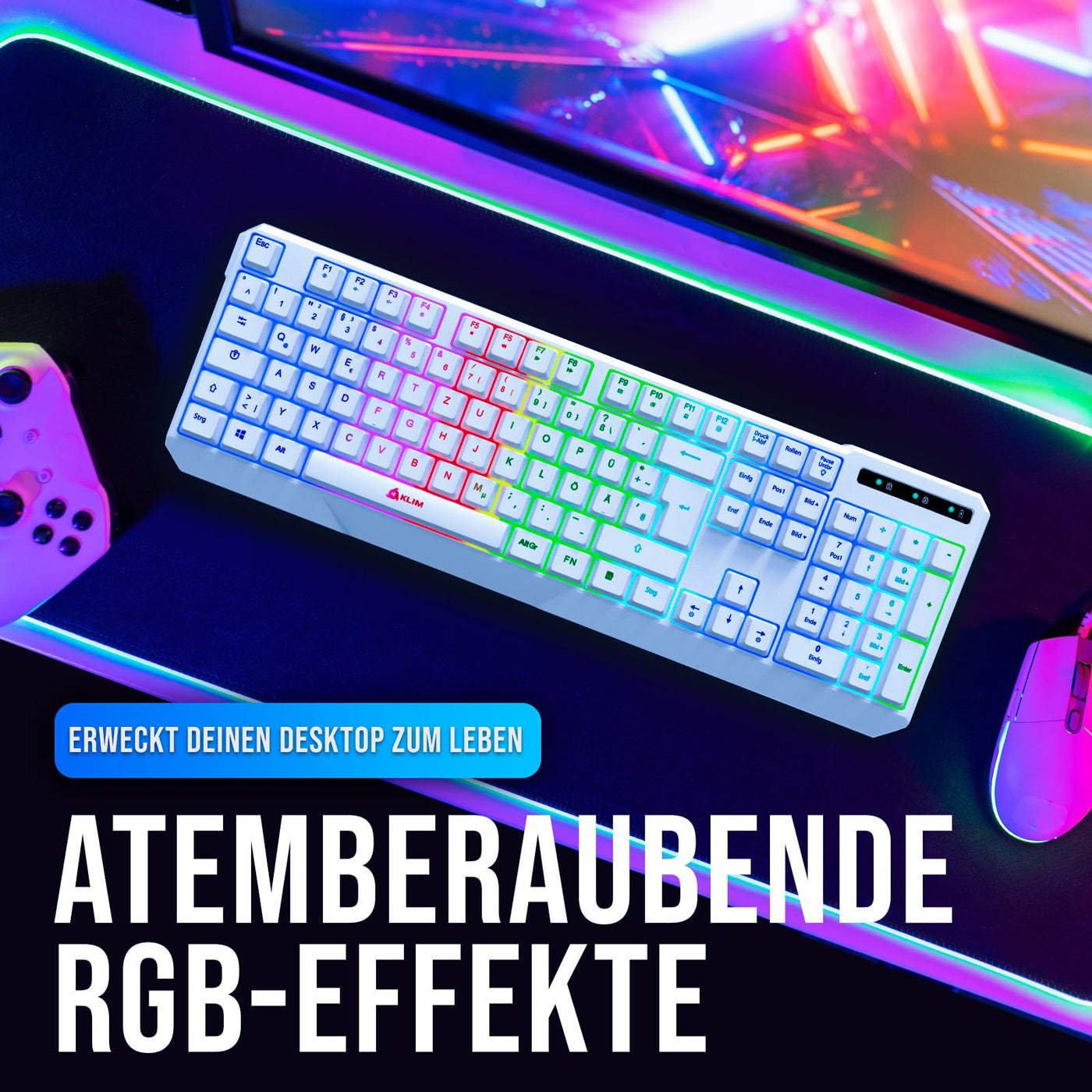 KLIM Chroma Wireless Gaming Tastatur Kabellos QWERTZ DEUTSCH - NEU 2024 - Langlebig, Ergonomisch, Wasserdicht, Leise - RGB Kabellose Tastatur Gaming für PC PS4 PS5 Mac - Weiß