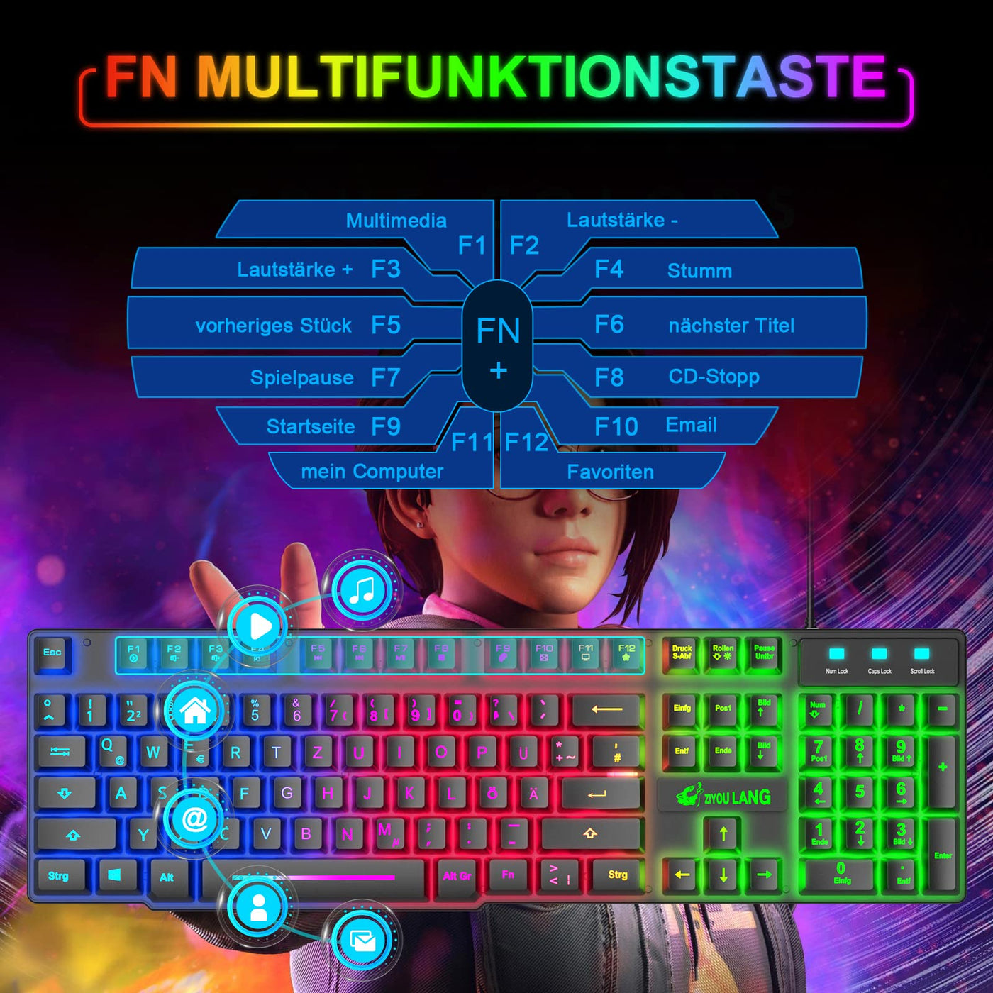 QWERTZ Deutsches DE Layout Kabelgebundene Gaming Tastatur und Maus Set 104 tasten LED Regenbogen Farben Beleuchtete 2400 DPI 6-Tasten-Maus Tastatur und Maus kompatibel mit PC PS5 PS4 Xbox-Schwarze