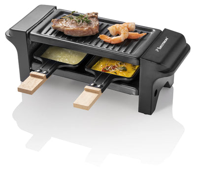 Bestron Raclette für 1 bis 2 Personen, Mini Tischgrill mit zwei Pfännchen, zwei Holzschabern & zwei Untersetzern, 350 Watt, Farbe: Schwarz