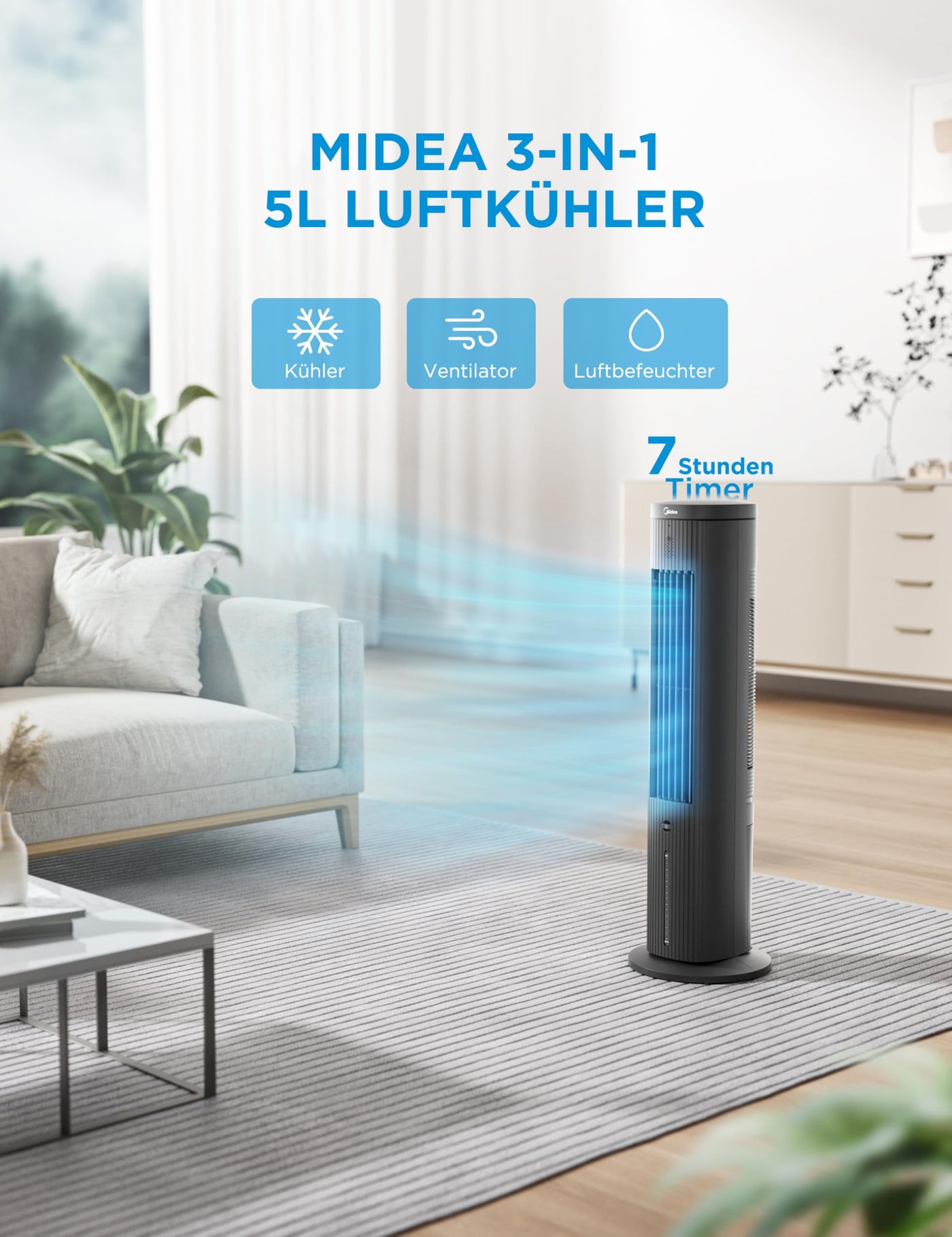 Midea Turmventilator mit 5L Wasserkühlung | Luftkühler mobil | Mobile Klimaanlage ohne Abluftschlauch | Verdunstungskühler, 3 Geschwindigkeitsstufen,75° Schwenkfunktion, 7h Timer, Leiser