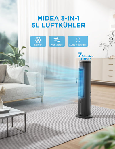 Midea Turmventilator mit 5L Wasserkühlung | Luftkühler mobil | Mobile Klimaanlage ohne Abluftschlauch | Verdunstungskühler, 3 Geschwindigkeitsstufen,75° Schwenkfunktion, 7h Timer, Leiser