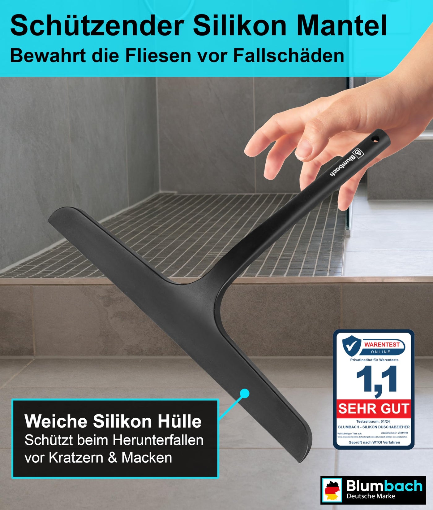 BLUMBACH® Duschabzieher schwarz, Abzieher Dusche mit Halterung 28 cm breit, Fensterabzieher Silikon mit Edelstahl Kern, Dusch Abzieher Wischer, Duschwand Abzieher, Flitsche Dusche, Glasabzieher,