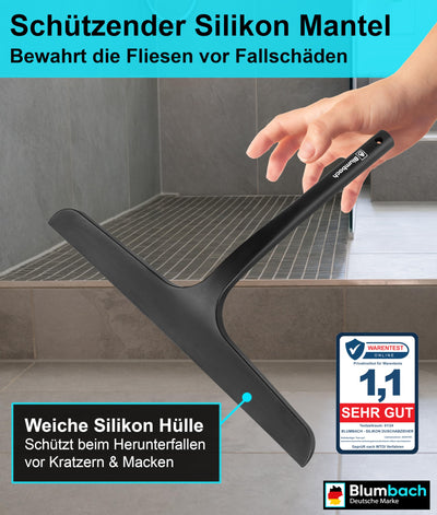 BLUMBACH® Duschabzieher schwarz, Abzieher Dusche mit Halterung 28 cm breit, Fensterabzieher Silikon mit Edelstahl Kern, Dusch Abzieher Wischer, Duschwand Abzieher, Flitsche Dusche, Glasabzieher,