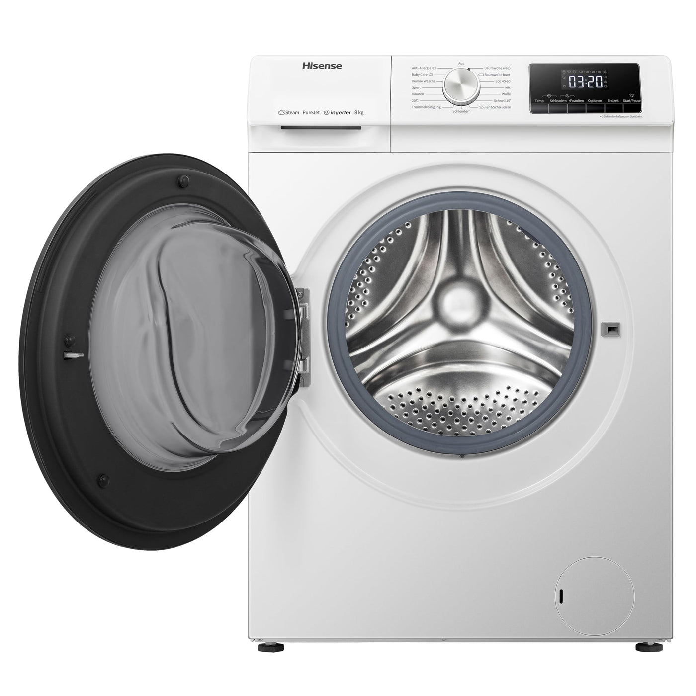 Hisense WFQA8014EVJM Waschmaschine mit Dampffunktion/ 8 kg/AquaStop/ 1400 U/min /15 Programme/Inverter PowerDrive Motor/Edelstahltrommel/Kindersicherung/Trommelreinigung/Weiß