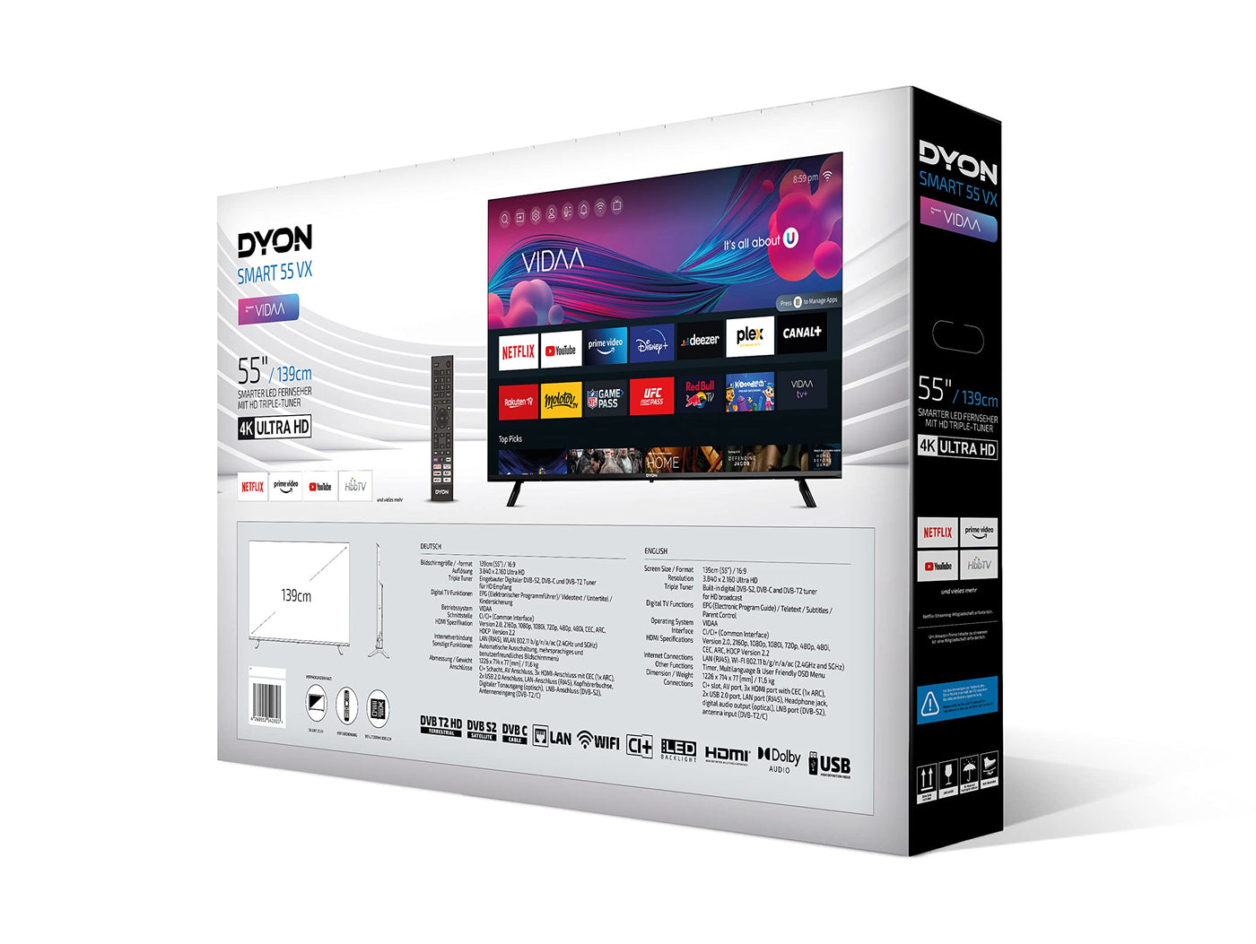 DYON Smart 55 VX 139 cm (55 Zoll) Fernseher (4K UHD Smart TV, HD Triple Tuner (DVB-C/-S2/-T2), App Store, Prime Video, Netflix, YouTube, DAZN, Disney+) [Mod. 2023]