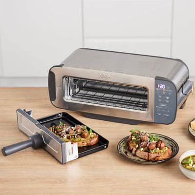 Ninja Foodi 3-in-1 Toaster, Elektrogrill mit Deckel, Panini-Presse mit Flip-Design, 7 Kochfunktionen, 7 Toastlinien, Backblech und Krümelschale, Edelstahl, ST202EU