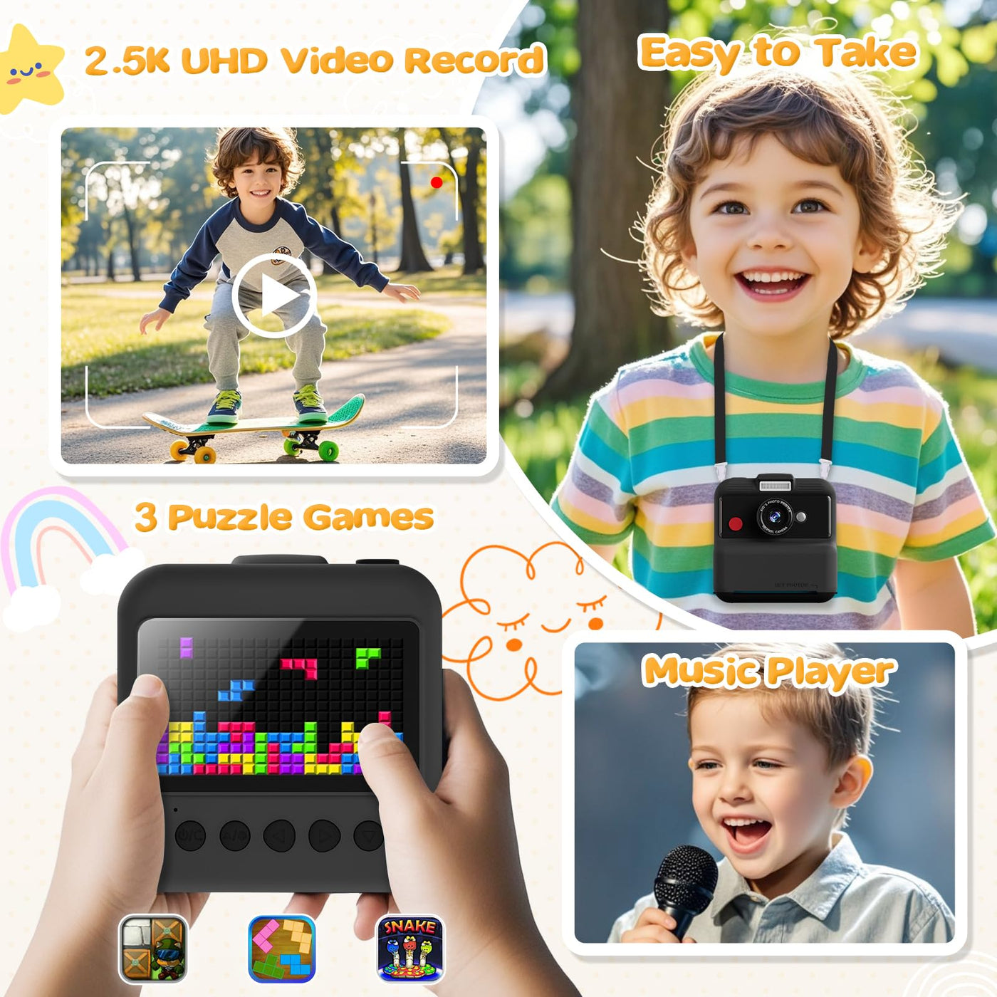 CAMCLID Sofortbildkamera Kinder, 3,0 Zoll Bildschirm Kinderkamera Sofortbildkamera, 48MP/1080P Kinder Kamera Sofortdruck mit 32GB Karte, Spielzeug Geschenk für Jungen und Mädchen 3-12 Jahre(Schwarz)