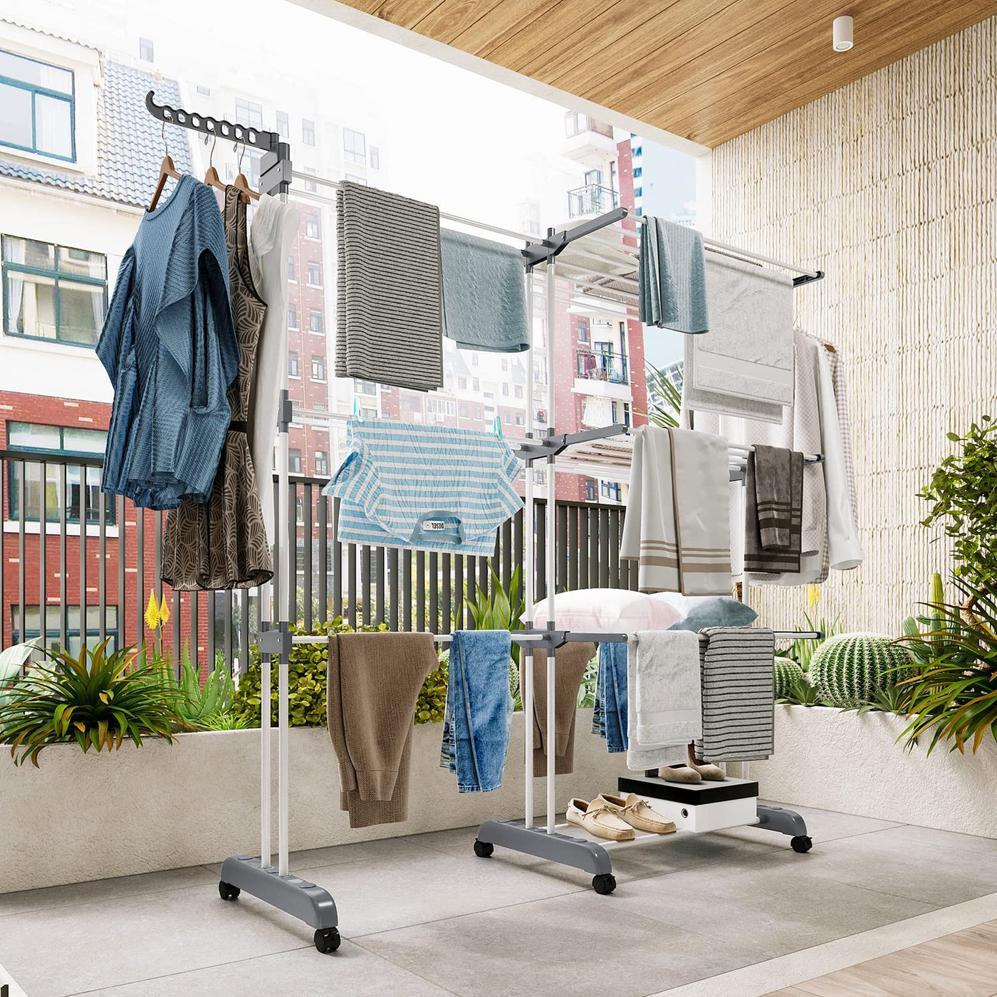 Shrivee Wäscheständer Turm, 3 Etagen mit 6 klappbaren Flügeln, Wäscheständer Ausziehbar Länge 66-130 cm, klappbarer Waschestander für Innen und Außen große Familien aus Edelstahl Bettwäsche