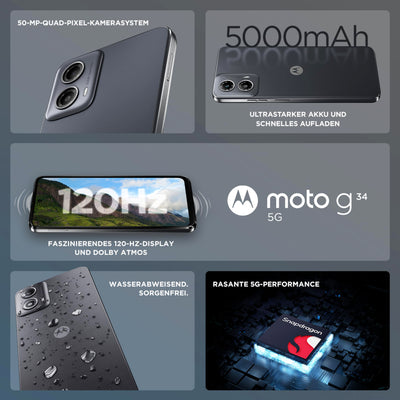 Motorola Moto g34 5G Smartphone (6,53"-HD+-Display, 50-MP-Kamera, 4 GB / 128 GB, 5000 mAh, Android 14) Charcoal Black, inkl. Schutzcover [Exklusiv bei Amazon]