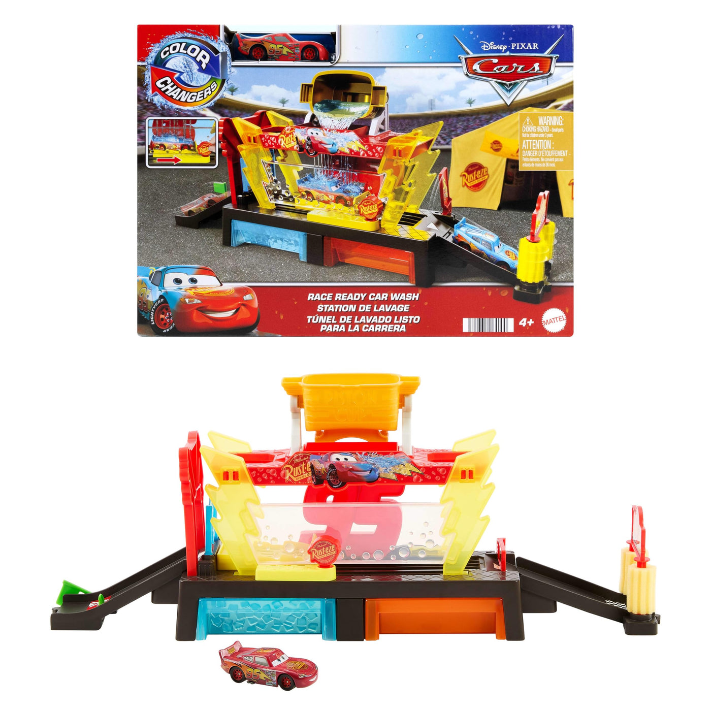 Mattel Disney Pixar Cars Autowaschanlagen-Spielset für Rennwagen mit Lightning McQueen-Spielzeugauto mit Farbwechseleffekt, ca. 50 cm lang, mit anderen Sets kombinierbar, JBM70