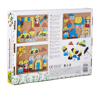 Lena 65828 Hammerspiel, Nagelspiel mit 64 bunten 8 Baustellen Teilen, Grundplatte aus Kork ca. 28 x 19,5 cm, Hammer und Nägel, Klopfspiel für Kinder ab 3 Jahre, Hämmerchenspiel, Mehrfarbig