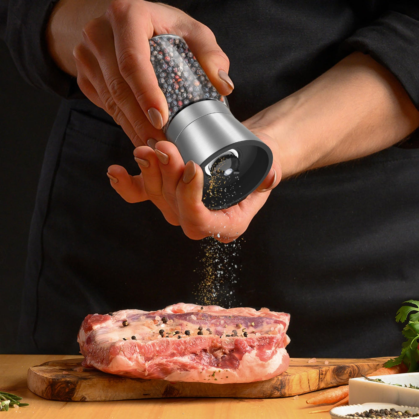 KitchenBoss Salz und Pfeffermühle 2er Set：Gewürzmühle Einstellbar Salzmühle für Grobes Salz, Salt and Pepper Grinder mit Keramikmahlkern, für Salz, Pfeffer, Chilli (Unbefüllt)