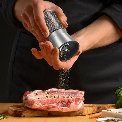 KitchenBoss Salz und Pfeffermühle 2er Set：Gewürzmühle Einstellbar Salzmühle für Grobes Salz, Salt and Pepper Grinder mit Keramikmahlkern, für Salz, Pfeffer, Chilli (Unbefüllt)