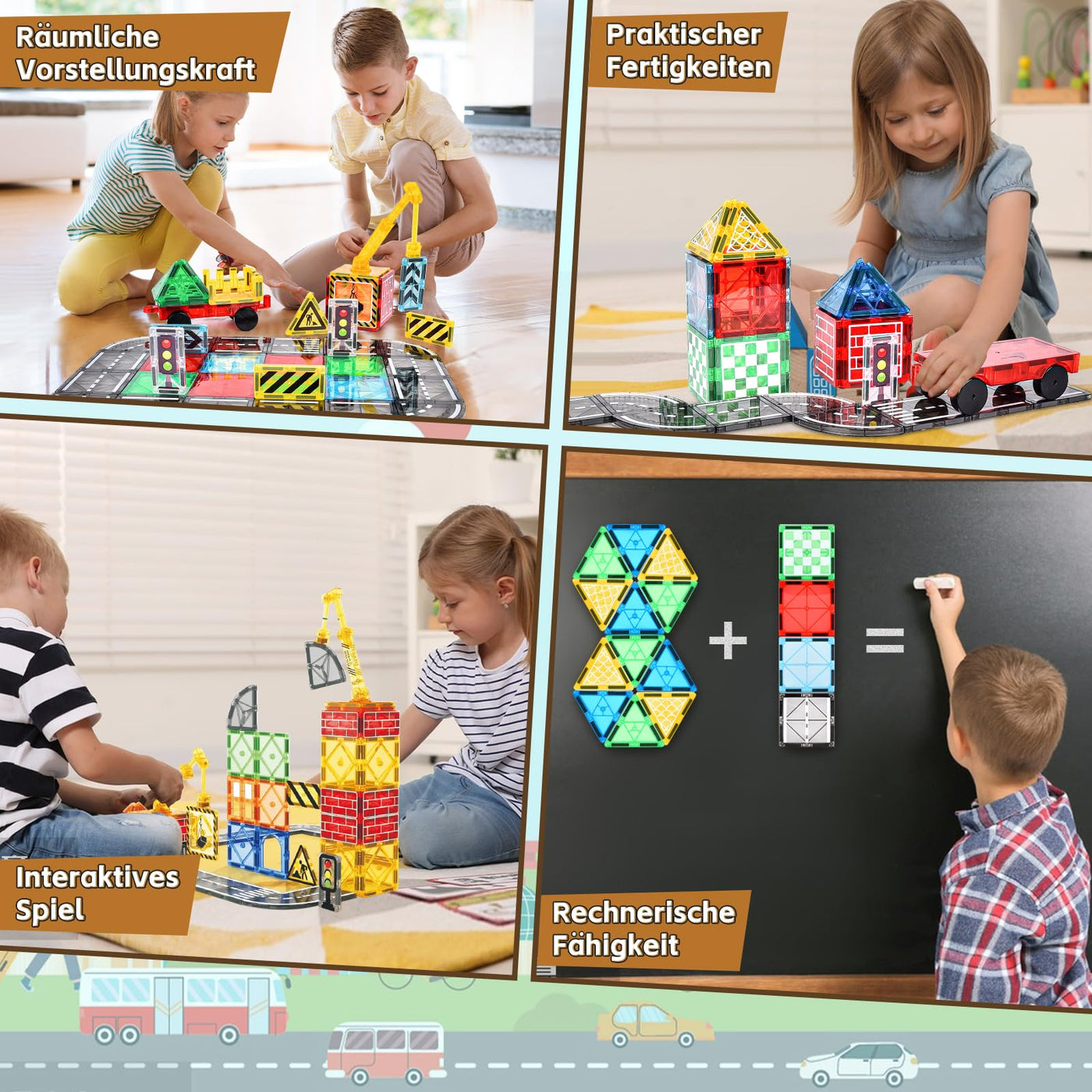 BuzzoXerex Magnetische Bausteine Stadtstraßen Set, 70 Magnetische Fliesen Straßenset, Magnetbausteine Set mit Ausfahrbarem Magnetkran, Magnet Spielzeug für Kinder ab 3 4 5 6 Jahre
