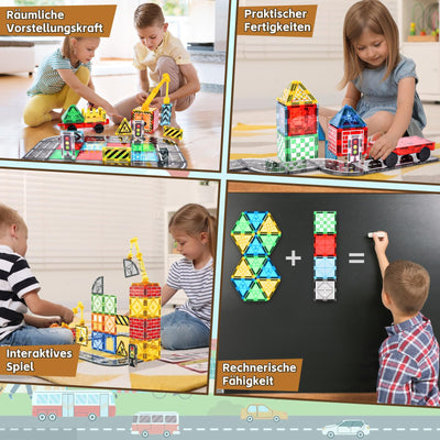 BuzzoXerex Magnetische Bausteine Stadtstraßen Set, 70 Magnetische Fliesen Straßenset, Magnetbausteine Set mit Ausfahrbarem Magnetkran, Magnet Spielzeug für Kinder ab 3 4 5 6 Jahre