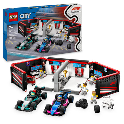 LEGO City F1 Garage mit Mercedes-AMG & Alpine Rennautos - Spielzeug Formel 1 Rennwagen mit 2 Rennfahrern & 4 Mechaniker Minifiguren - Geschenk für Jungen & Mädchen ab 7 Jahren und Fans 60444