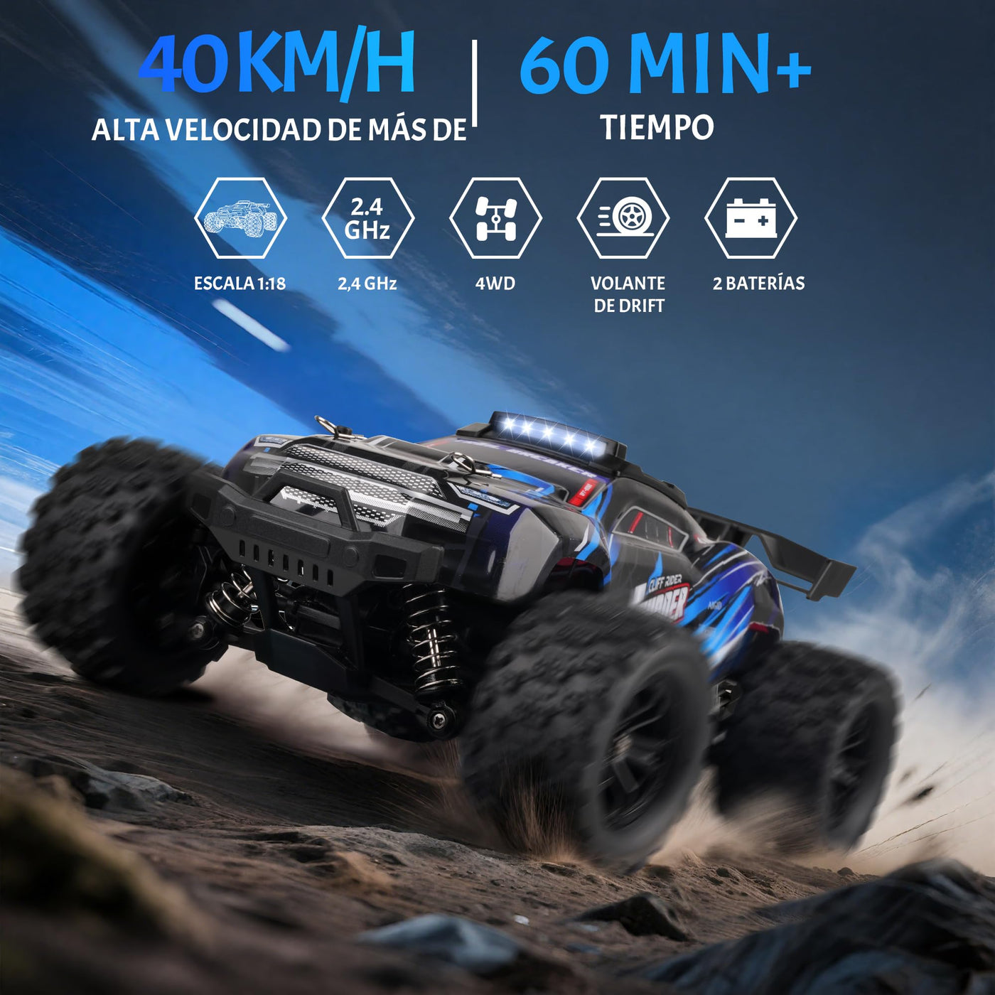 JOYTREKY Ferngesteuertes Auto – 1:18 High-Speed 40 Km/H Rc Auto 2,4 Ghz 4wd All Terrains Offroad Drift Truck Mit Zwei Wiederaufladbaren Batterien FüR LäNgeres Spielen FüR Kinder Und Erwachsene – Blau