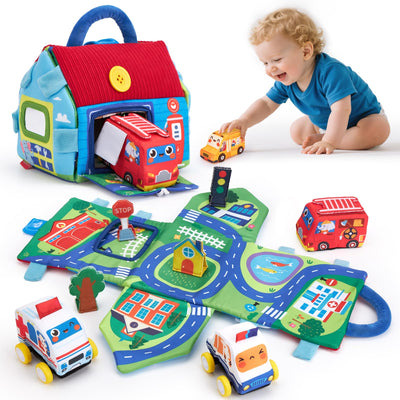 Hahaland Baby Spielzeug 6 12 Monate,4 Stück Spielzeugautos Set, Plüsch Pull-Back & Go Autospielzeug mit Spielmatten,Montessori Auto Spielzeug für 1 2 3 Jahr Jungen Mädchen,Geschenk für Kinder