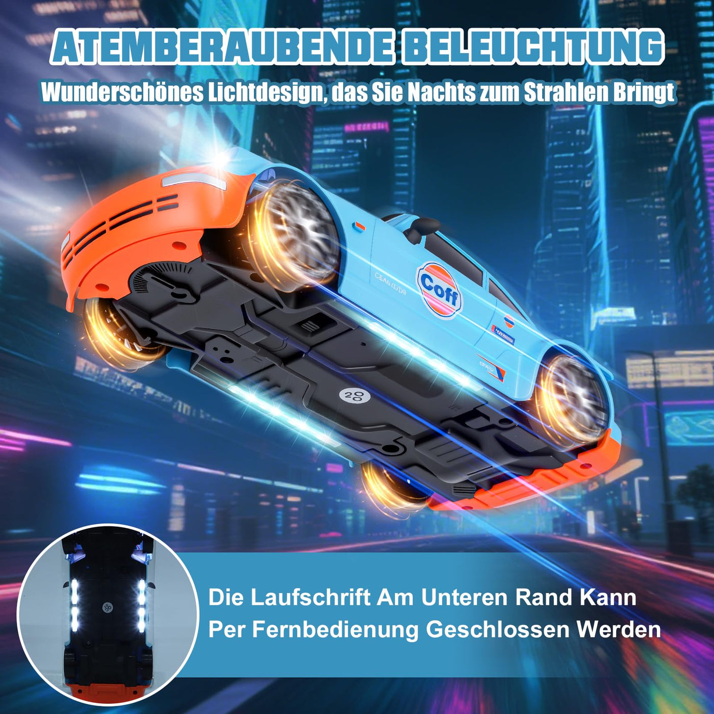 BuzzoXerex 1:20 RC Drift Car, 4WD Drift Auto Ferngesteuert, 15km/h RC Drift Auto, Mini Drift Car mit Unterbodenlicht und Straßensperren, Tabletop Drift RC Car für Kinder ab 8+ Jahre (Blau)