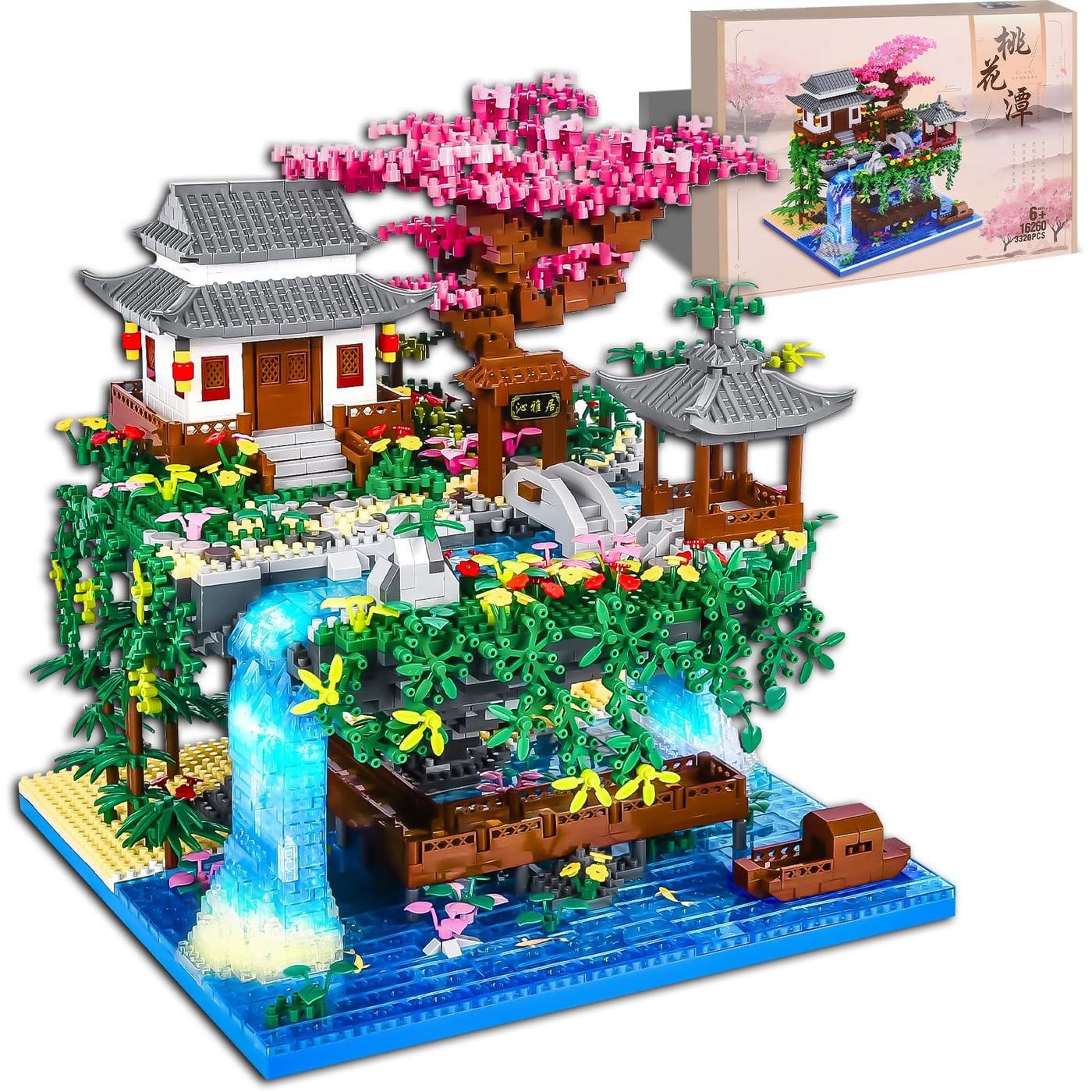 Charmofun 3320PCS Micro Bausteine, Klemmbausteine Haus mit LED, Botanical Garten-Set für Erwachsene mit Pfirsichblüten, Architecture Creative Geschenk Weihnachten für Frauen und Männer