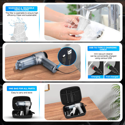 VEUWOLM Handstaubsauger, 12000Pa Handstaubsauger Akku, 3 in 1 Auto Staubsauger Staubgebläse Druckluft Handsauger, USB Wiederaufladbarer Mini Staubsauger, Tastatursauger für Auto, Haus, Büro, Silber