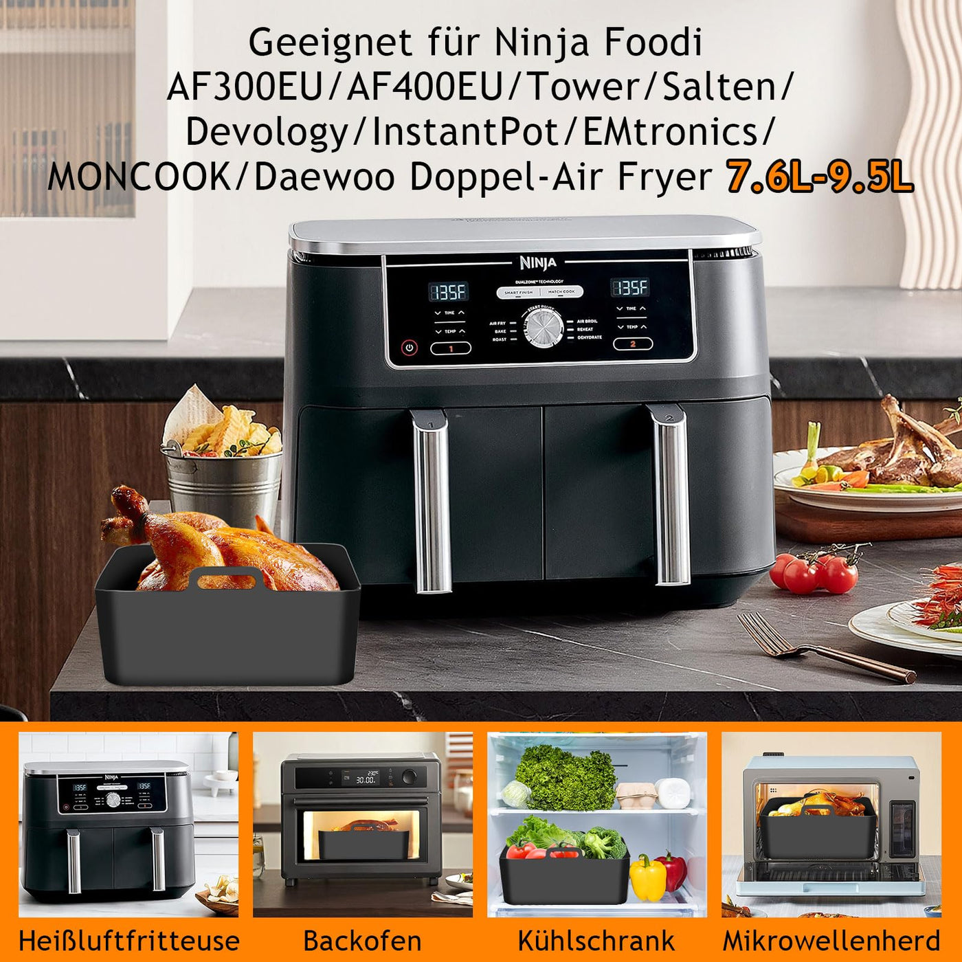 MILFECH Heißluftfritteuse Zubehör Airfryer Zubehör für Ninja Foodi AF300EU AF400EU 7.6L-9.5L und meisten Dual Zone Air Fryer, Air Fryer Accessories BPA-frei