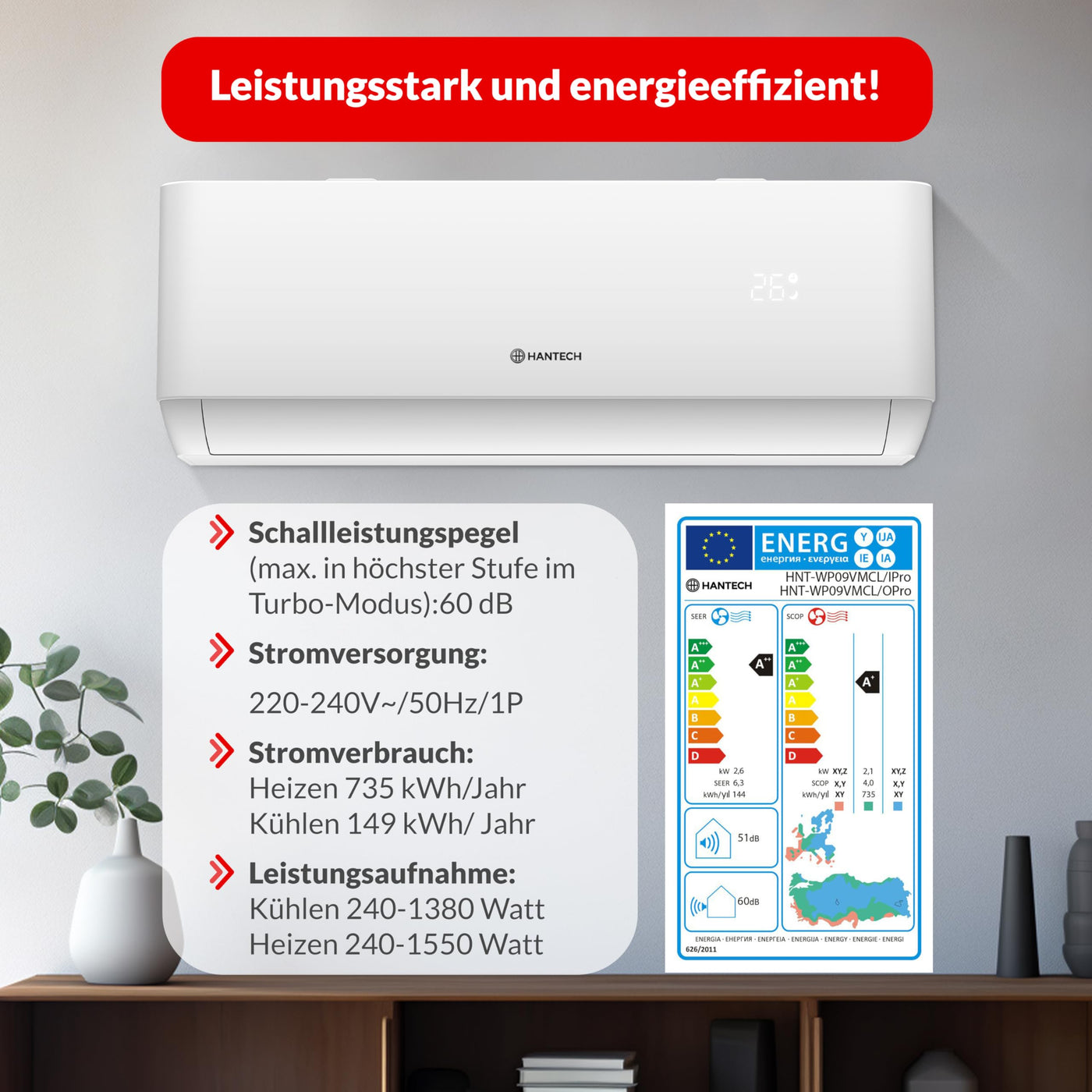 Split Klimaanlage 9000 BTU HANTECH H-PRO Heiz-&Kühlfunktion, Luftfilter, WIFI, Montagematerial