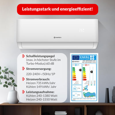 Split Klimaanlage 9000 BTU HANTECH H-PRO Heiz-&Kühlfunktion, Luftfilter, WIFI, Montagematerial
