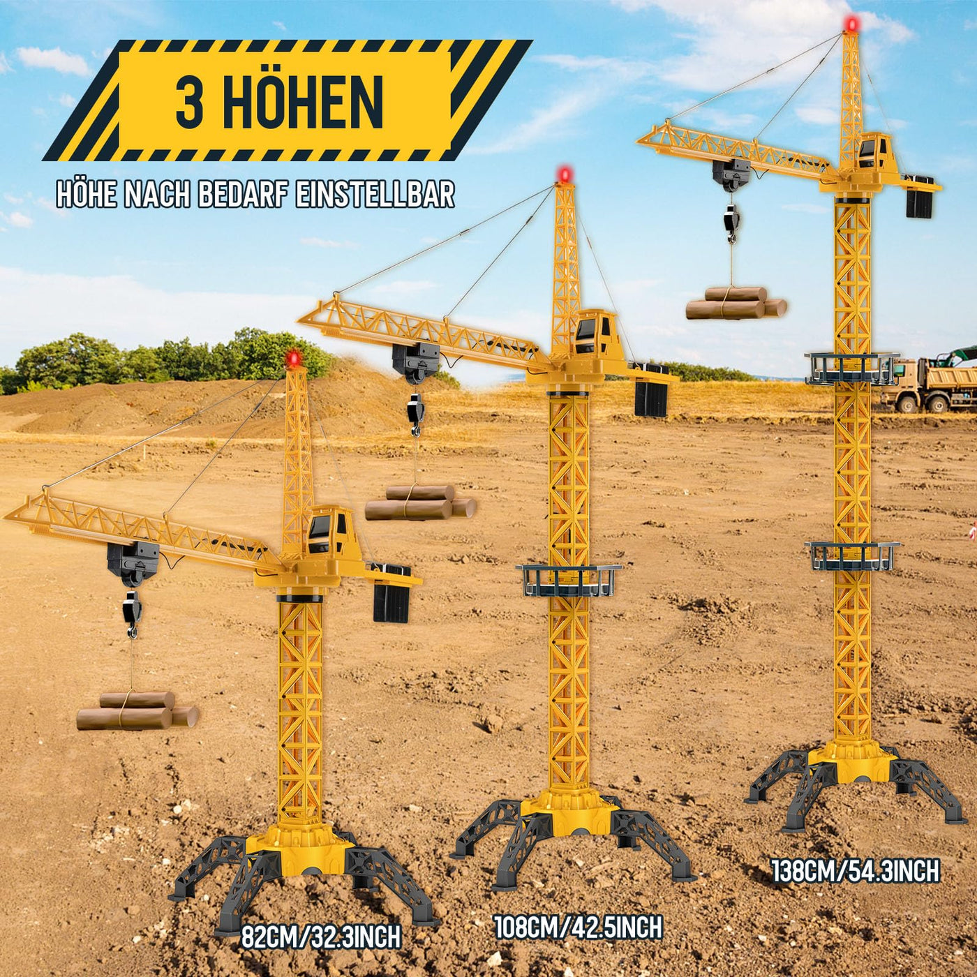 JONRRYIN Ferngesteuerte Turmkran 138 cm Höhe, 2,4 Hz 6 Kanäle RC Kran, 680 Grad Rotation Ferngesteuerte Baukran Tower Crane mit Lichter für Kinder (Gelb)
