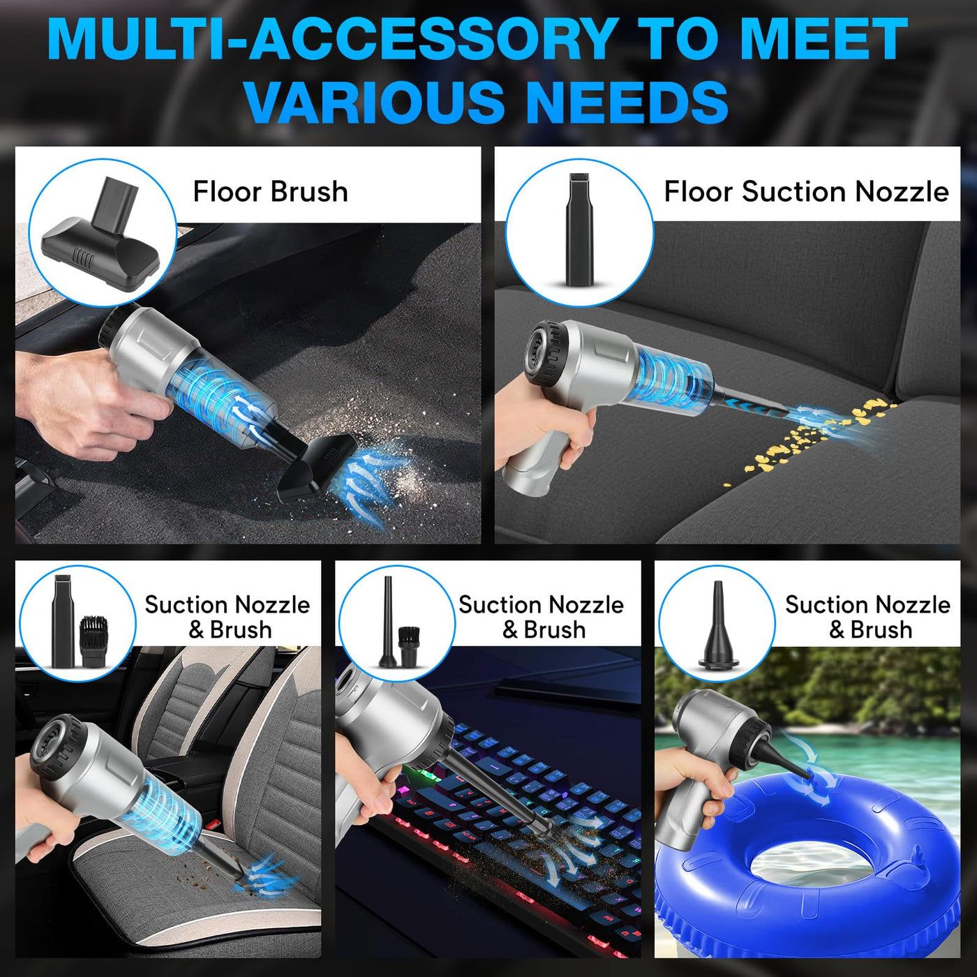 VEUWOLM Handstaubsauger, 12000Pa Handstaubsauger Akku, 3 in 1 Auto Staubsauger Staubgebläse Druckluft Handsauger, USB Wiederaufladbarer Mini Staubsauger, Tastatursauger für Auto, Haus, Büro, Silber