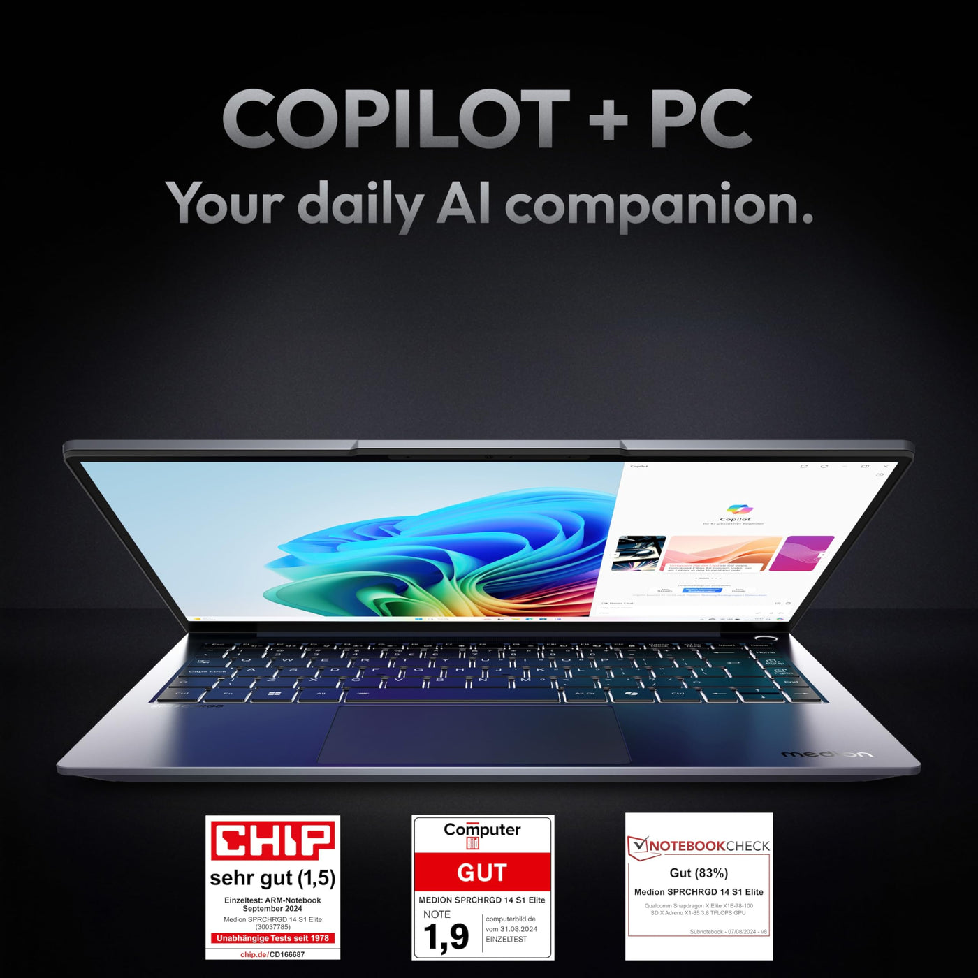MEDION SPRCHRGD 14 S1 Elite 35,56 cm (14" Zoll 120Hz 2.8K WQXGA+) Laptop (Copilot+ PC, Qualcomm Snapdragon X Elite, 32GB DDR5 RAM, 1TB SSD, Win 11 Home)