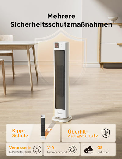 Midea NTH20-22GR(WH) Energy-Saving Quiet Fan Heater with Remote Control, PTC 2000 Watt Ceramic Fan Heater with Thermostat, 2 Heat Settings, 24H Timer, Eco Mode, for Large Rooms, 75° Oscillation, 76.5