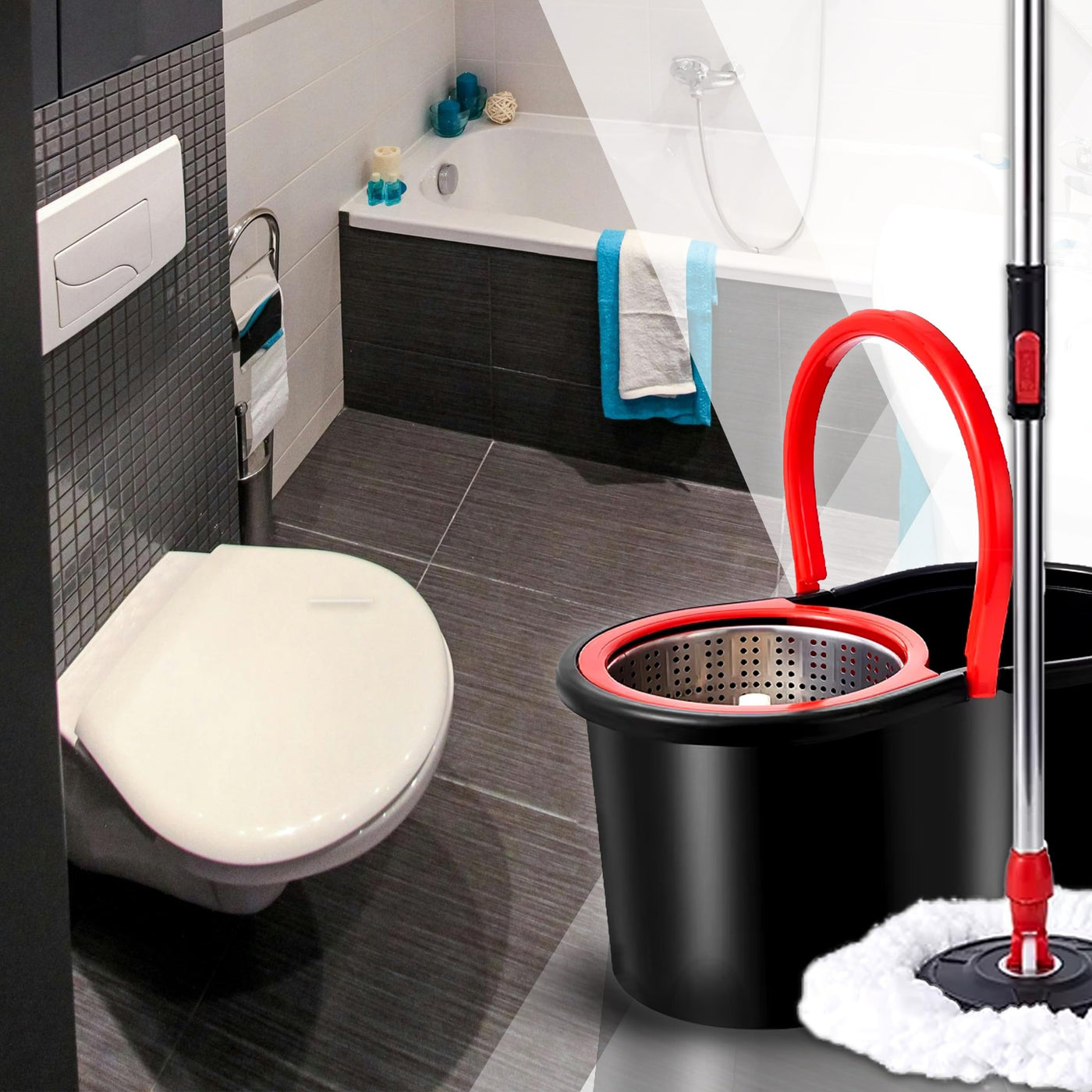 Retoo Wischmopp Komplett Set, Bodenwischer mit Teleskopstiel 94-120 cm, Mikrofaser Moppkopf mit Kraftfasern und Eimer mit Powerschleuder, schnell und reinigungsstark